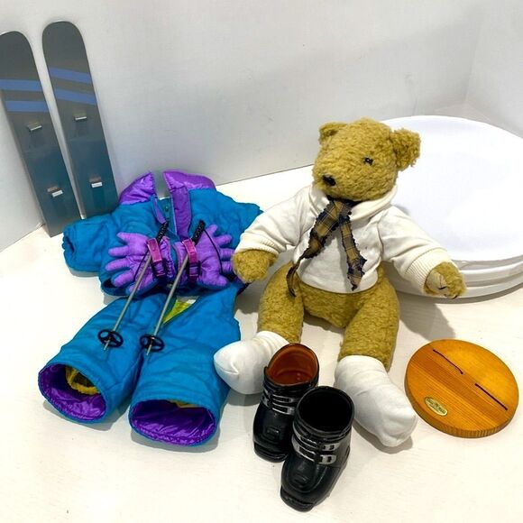 Tender Heart Treasures Vintage Kids Skiing Teddy Bear Toy - Blue and Purple - Picture 4 of 10